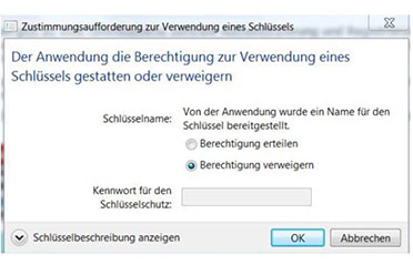 Screenshot: Zustimmungsaufforderung zur Verwendung eines Schlüssels (Quelle: BfArM) Screenshot: Zustimmungsaufforderung zur Verwendung eines Schlüssels